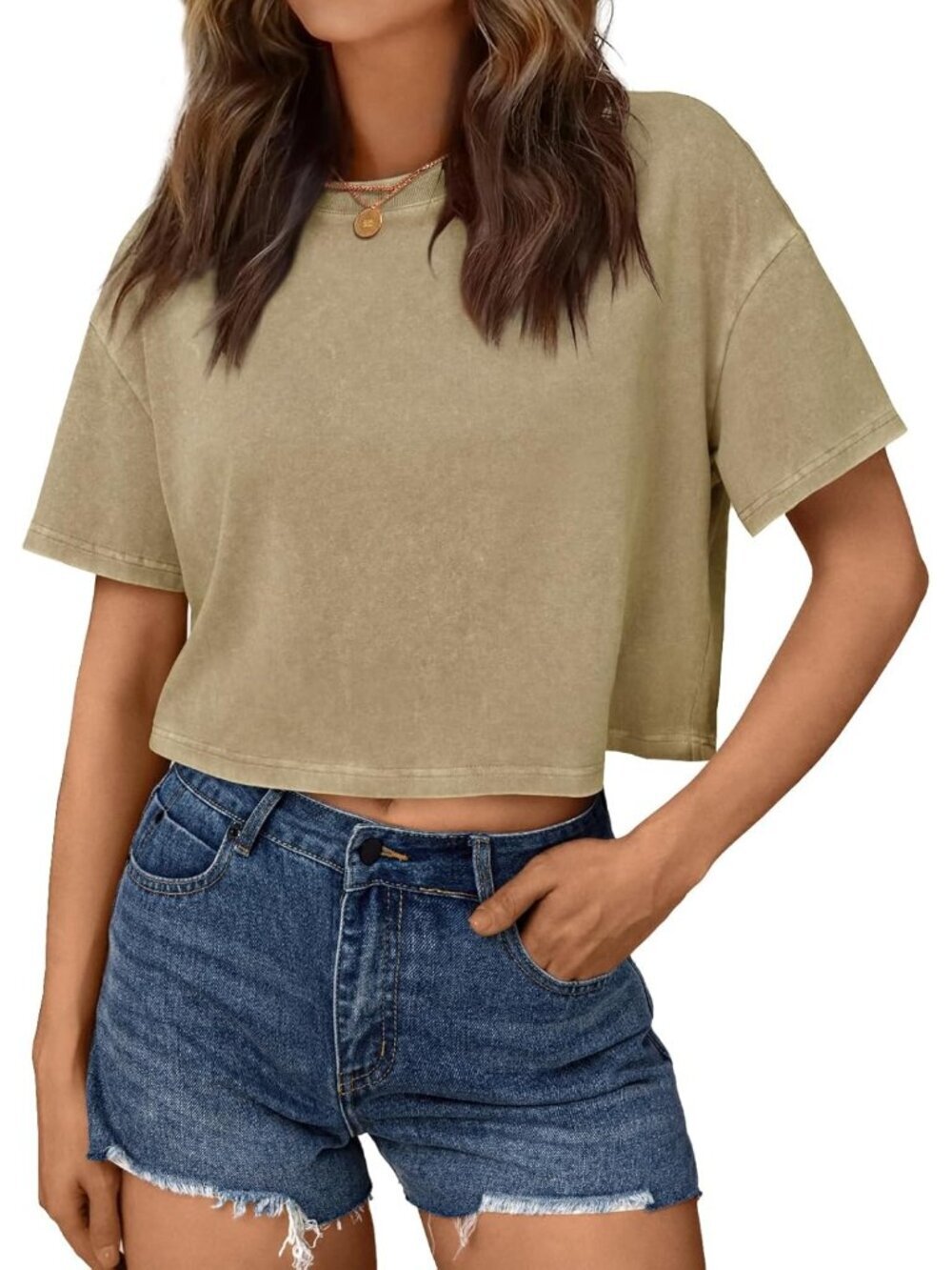 Women's Khaki Short Sleeve ACID Wash Casual Summer Baggy Cotton Crop Tops